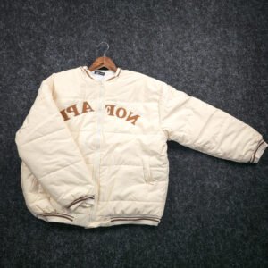 Men's Cream Varsity Puffer Jacket with Bold Lettering
